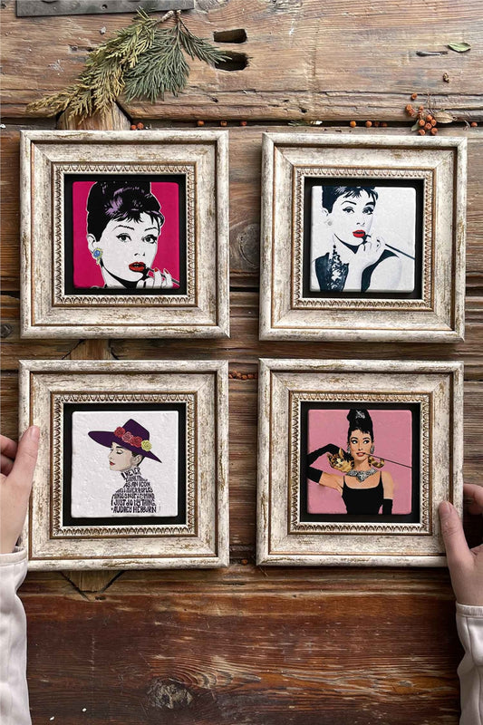 Framed Stone Painting Wall Decoration 8" x 8" Set of 4 Audret Hepburn Set
