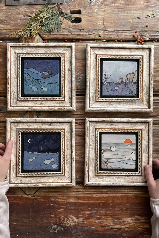 Framed Stone Painting Wall Decoration 8" x 8" Set of 4 Marine Set