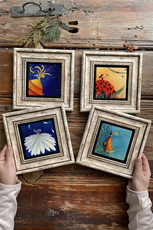 Framed Stone Painting Wall Decoration 8" x 8" Set of 4