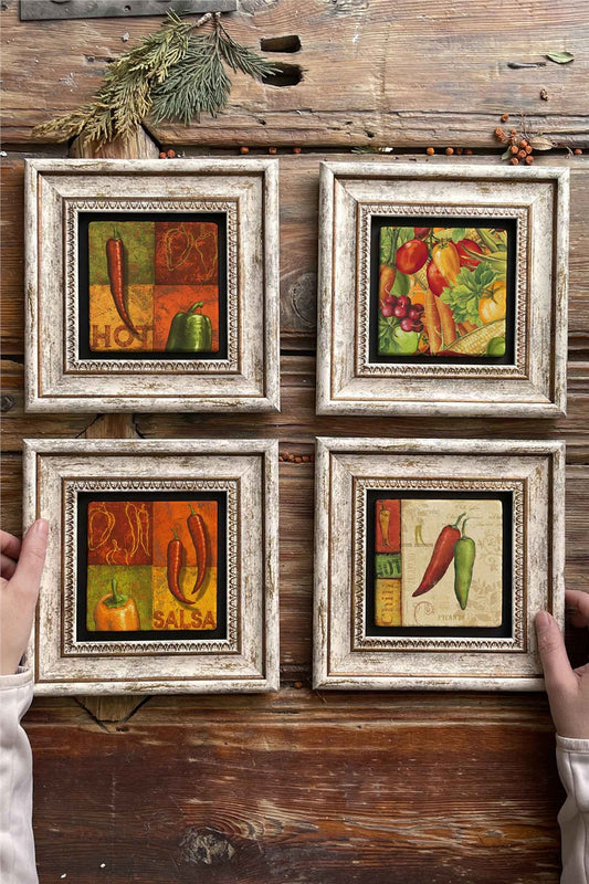 Framed Stone Painting Wall Decoration 8" x 8" Set of 4 Kitchen Paintings