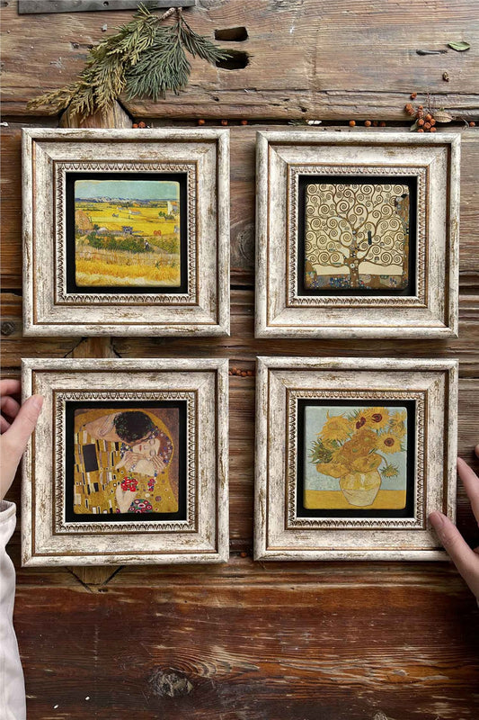 Framed Stone Painting Wall Decoration 8" x 8" Set of 4 Gustav Klimt Paintings