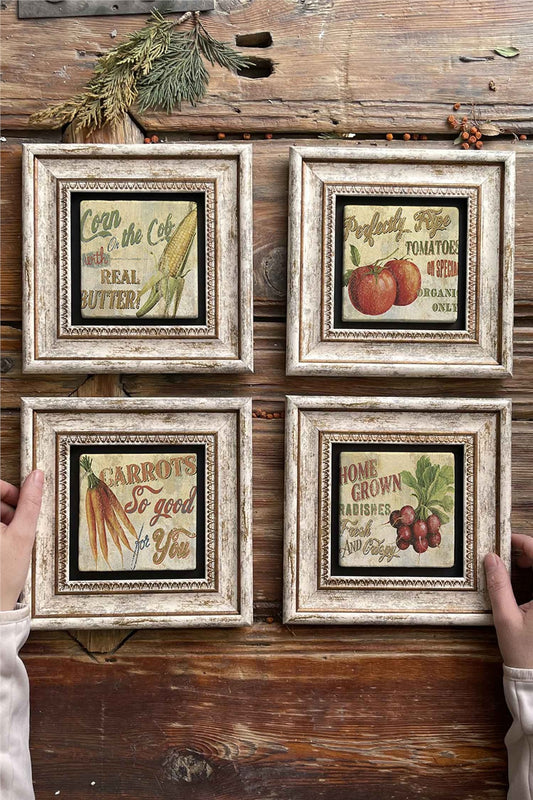 Framed Stone Painting Wall Decor 8" x 8" Set of 4 Kitchen Carrots Tomato Carrots
