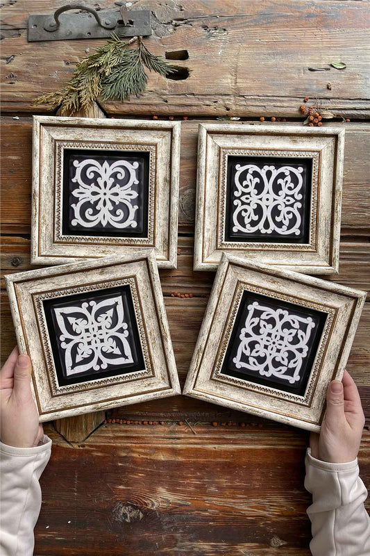 Framed Stone Painting Wall Decoration 8" x 8" Set of 4