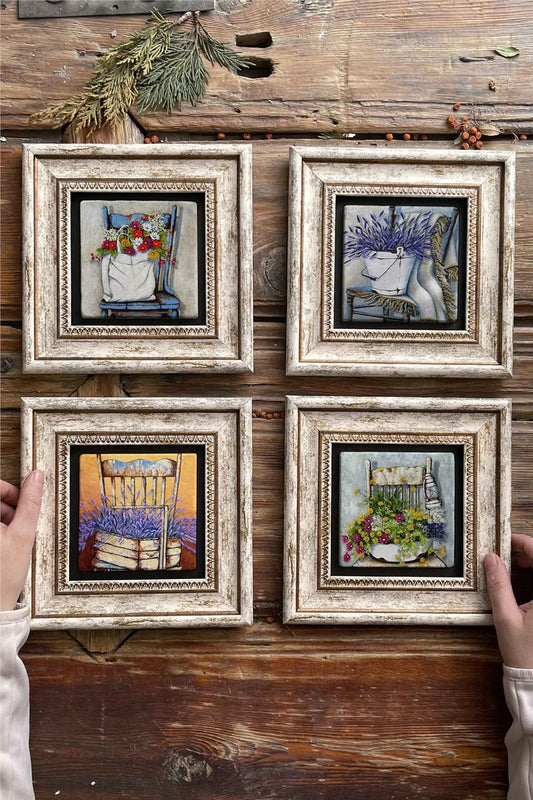 Framed Stone Painting Wall Decoration 8" x 8" Set of 4