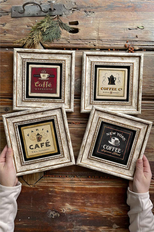 Framed Stone Painting Wall Decoration 8" x 8" Set of 4 Cafe Coffee