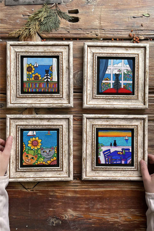 Framed Stone Painting Wall Decoration 8" x 8" Set of 4 Cats Set Cats Set