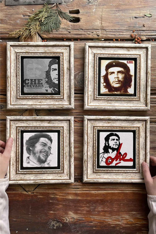 Framed Stone Painting Wall Decoration 8" x 8" Set of 4 Che Guevara Painting