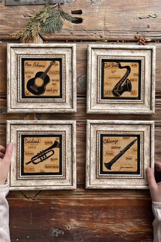Framed Stone Painting Wall Decoration 8" x 8" Set of 4 Jazz Set