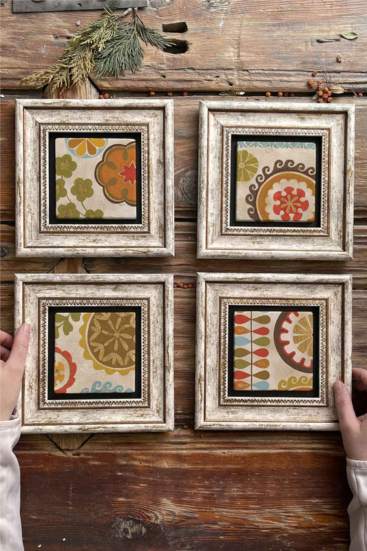 Framed Stone Painting Wall Decoration 8" x 8" Set of 4