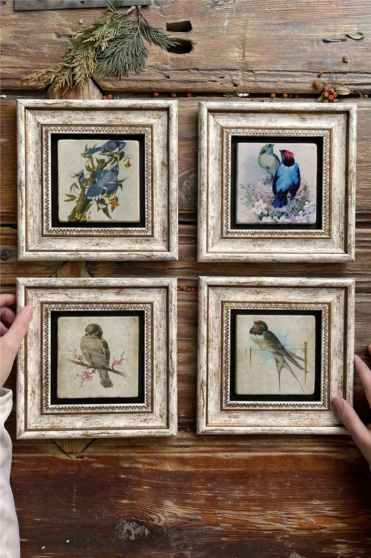 Framed Stone Painting Wall Decoration 8" x 8" Set of 4 Bird Set
