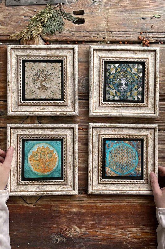 Framed Stone Painting Wall Decoration 8" x 8" Set of 4 Tree of Life Lotus Flower