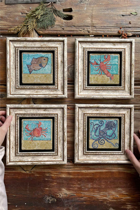 Framed Stone Painting Wall Decoration 8" x 8" Set of 4 Mosaic Marble