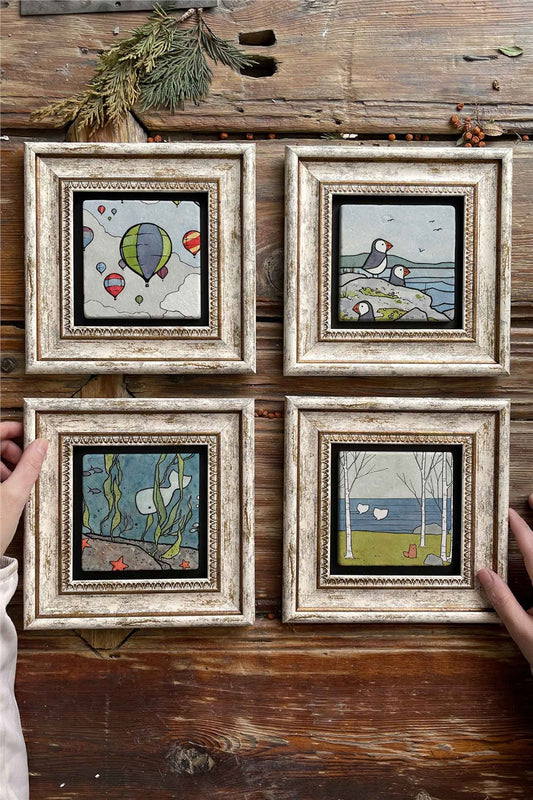 Framed Stone Painting Wall Decoration 8" x 8" Set of 4