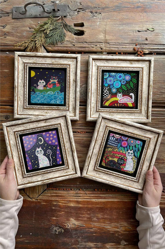 Framed Stone Painting Wall Decoration 8" x 8" Set of 4 Cats Set Cats Set