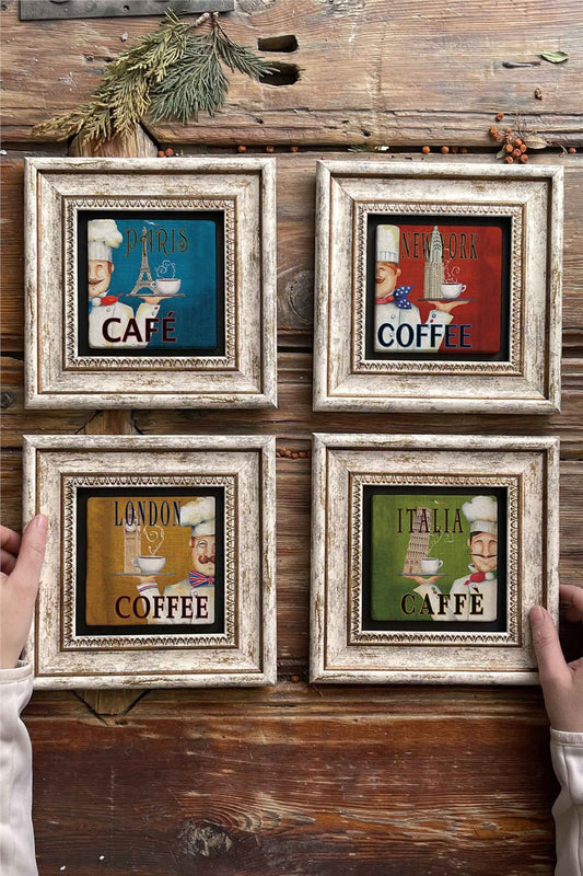 Framed Stone Painting Wall Decoration 8" x 8" Set of 4 Paris New York London Italia