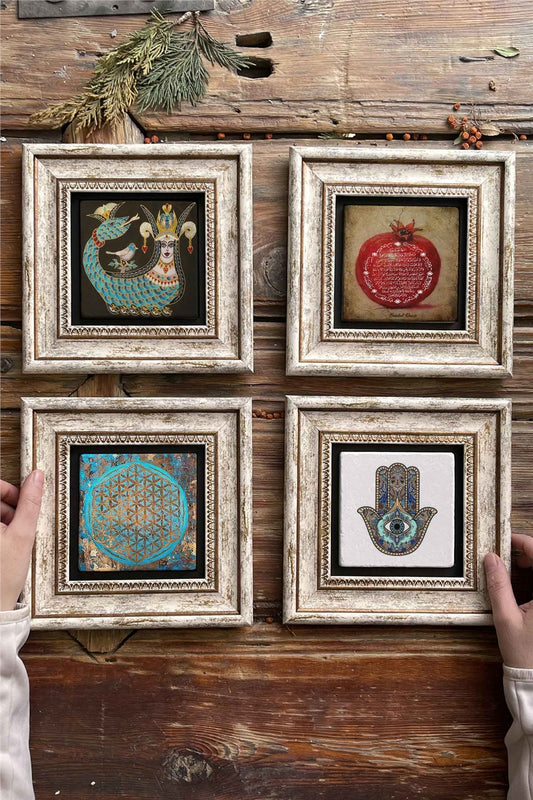 Framed Stone Painting 8" x 8" Set of 4(1213-1104-1090-114)Şahmeran Nar Fatma Ana
