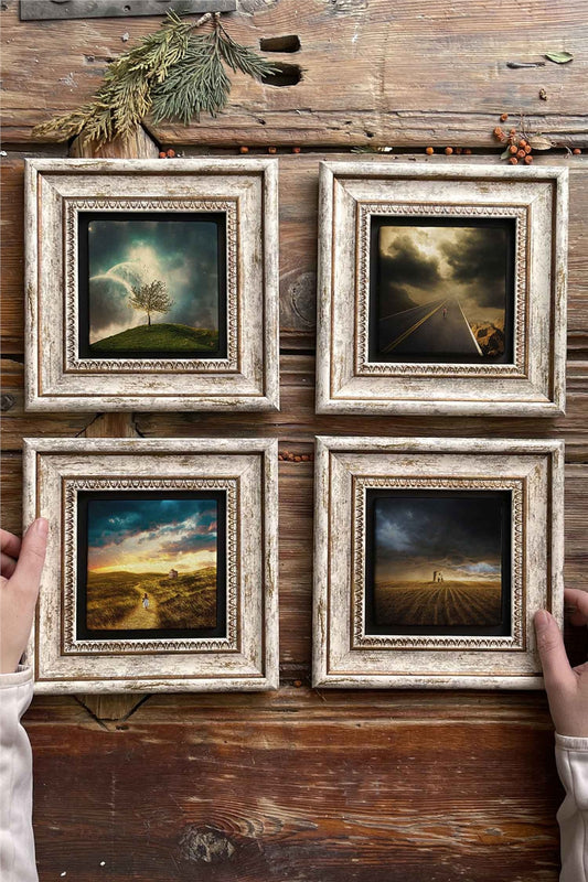 Framed Stone Painting Wall Decoration 8" x 8" Set of 4