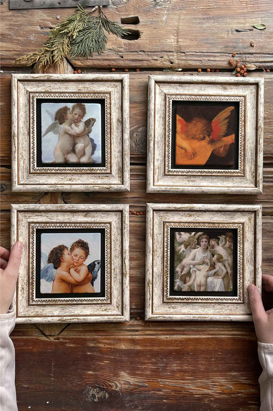 Framed Stone Painting Wall Decoration 8" x 8" Set of 4 Angel Paintings