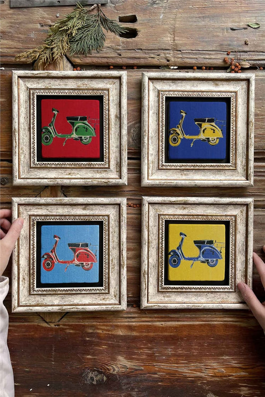 Framed Stone Painting Wall Decoration 8" x 8" Set of 4 Vespa Set
