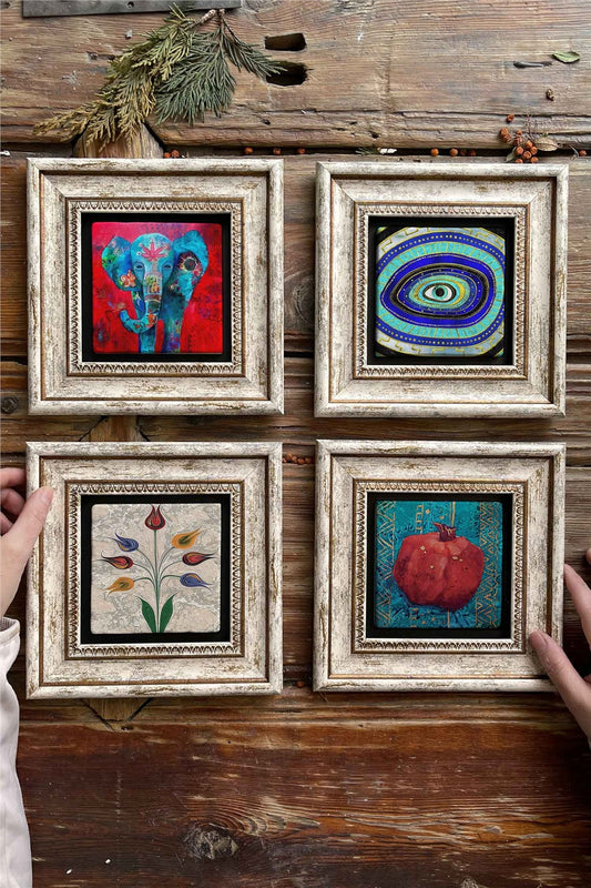 Framed Stone Painting 8" x 8" Set of 4(1488-499-1100-480)Elephant Marbling Evil Eye Pomegranate