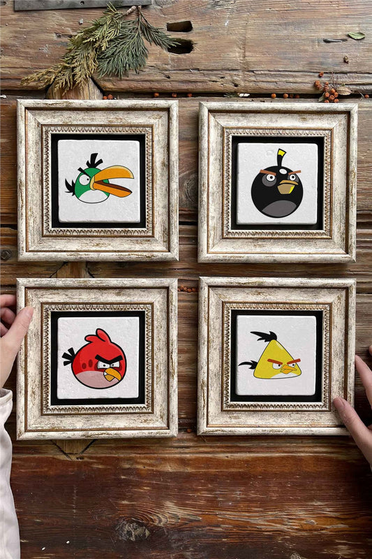 Framed Stone Painting Wall Decoration 8" x 8" Set of 4 Angry Birds
