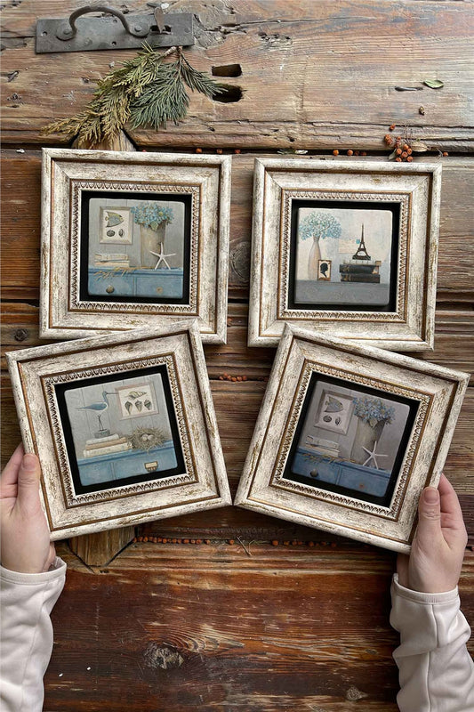 Framed Stone Painting Wall Decoration 8" x 8" Set of 4