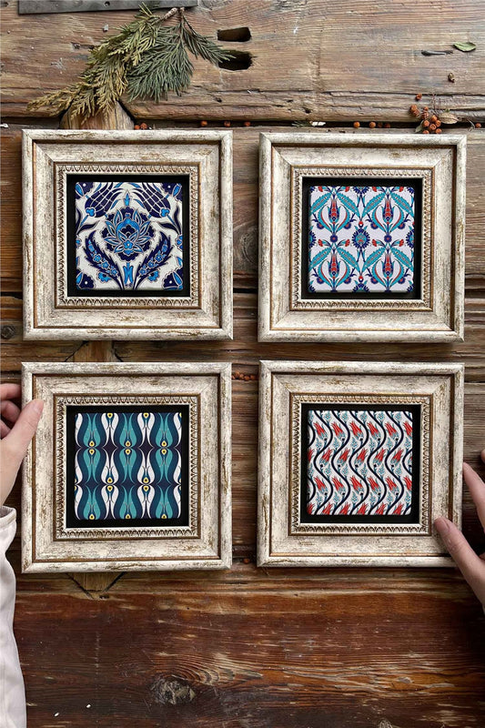 Framed Stone Painting Wall Decoration 8" x 8" Set of 4
