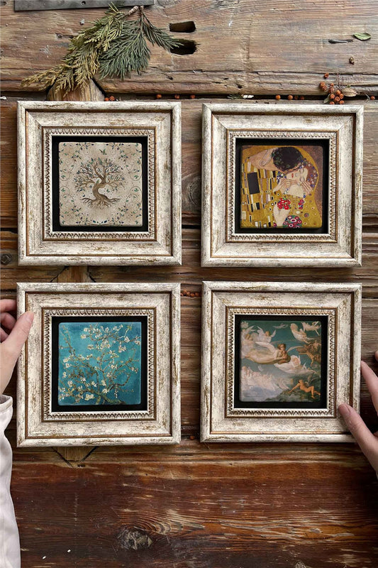 Framed Stone Painting Wall Decoration 8" x 8" Set of 4 Gustav Klimt Paintings Renaissance