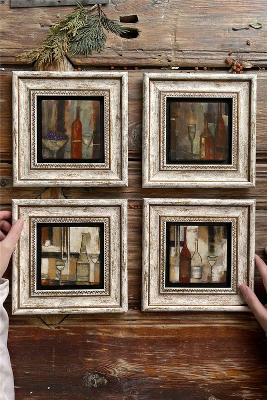 Framed Stone Painting Wall Decoration 8" x 8" Set of 4 Wine Set Wine Set