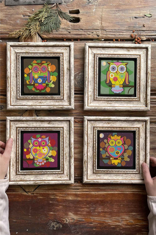 Framed Stone Painting Wall Decoration 8" x 8" Set of 4 Owl Set
