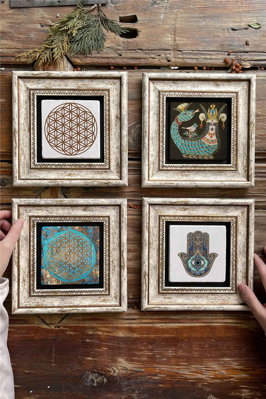 Framed Stone Painting 8" x 8" Set of 4(7774-1213-1090-114)Şahmeran Yaşam Fatma Ana