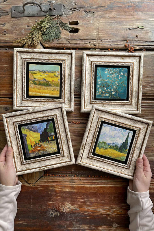 Framed Stone Painting Wall Decoration 8" x 8" Set of 4 Van Gogh Paintings