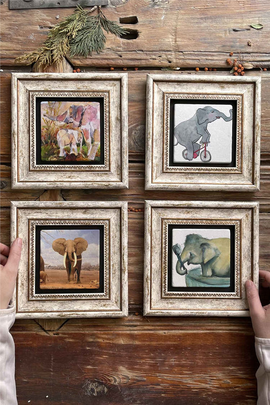 Framed Stone Painting Wall Decoration 8" x 8" Set of 4 Elephant Set
