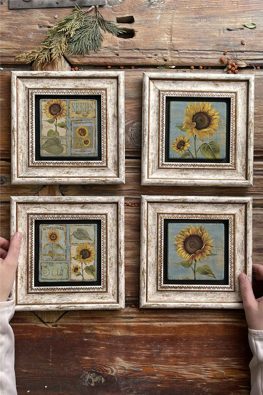 Framed Stone Painting Wall Decoration 8" x 8" Set of 4 Sunflower Set