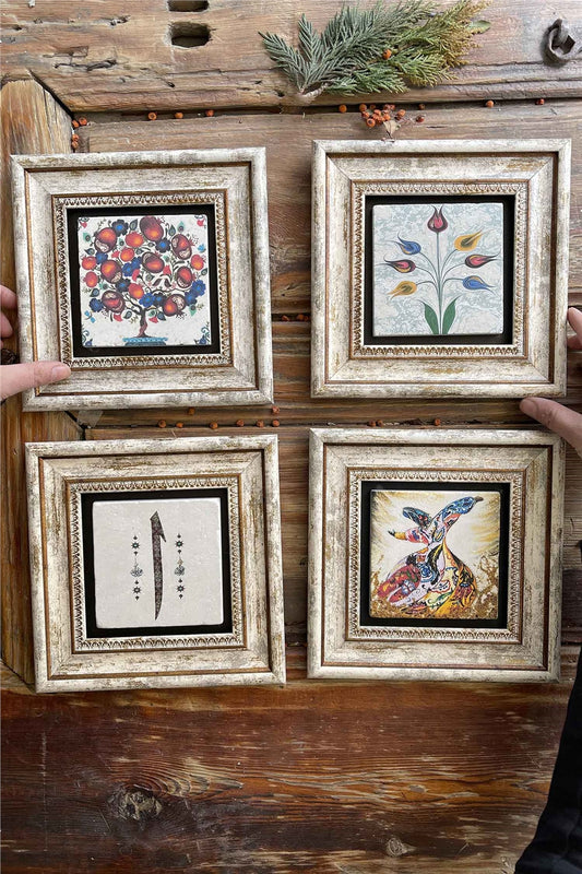 Framed Stone Painting 8" x 8" Set of 4(471-499-321-60)Pomegranate Tree Ebruli Elif Semazen