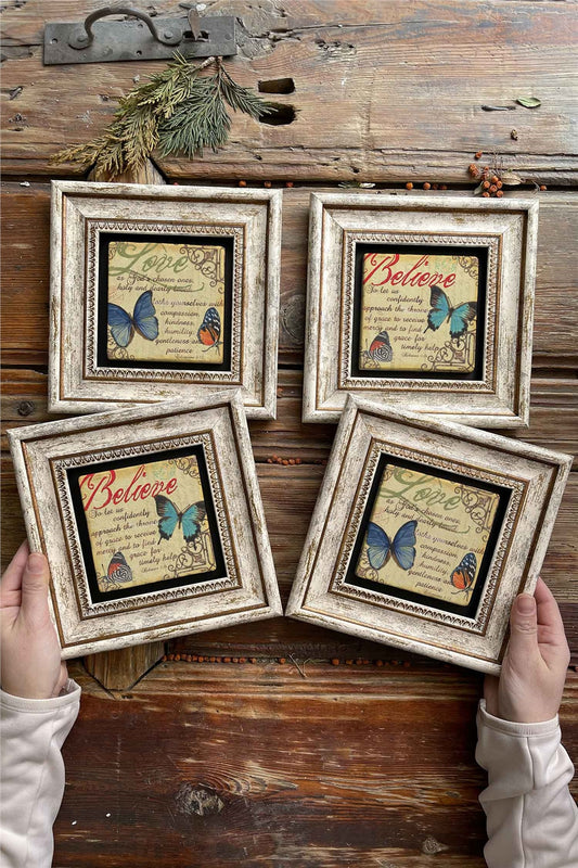 Framed Stone Painting Wall Decoration 8" x 8" Set of 4 Butterfly Butterfly Set
