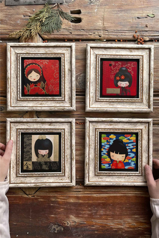 Framed Stone Painting Wall Decoration 8" x 8" Set of 4
