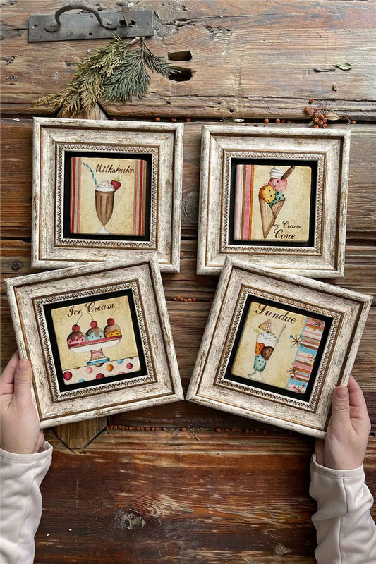 Framed Stone Painting Wall Decoration 8" x 8" Set of 4 Ice Cream Ice Cream Set