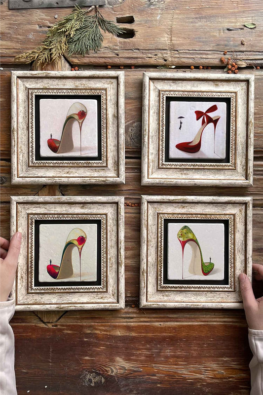 Framed Stone Painting Wall Decoration 8" x 8" Set of 4