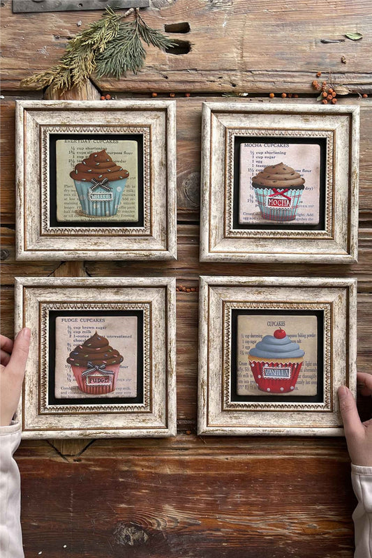 Framed Stone Painting Wall Decoration 8" x 8" Set of 4 Cup Cake Cake Set