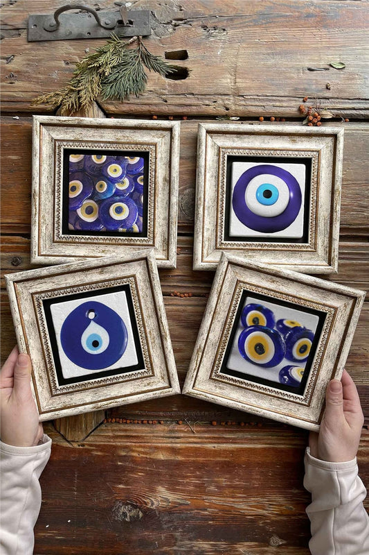 Framed Stone Painting Wall Decoration 8" x 8" Set of 4 Evil Eye Beads Set