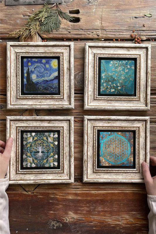 Framed Stone Painting Wall Decoration 8" x 8" Set of 4 Van Gogh Paintings Tree of Life