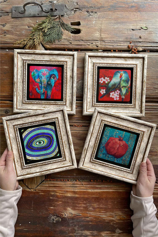Framed Stone Painting 8" x 8" Set of 4(1488-1230-1100-480)Elephant Bird Evil Eye Pomegranate