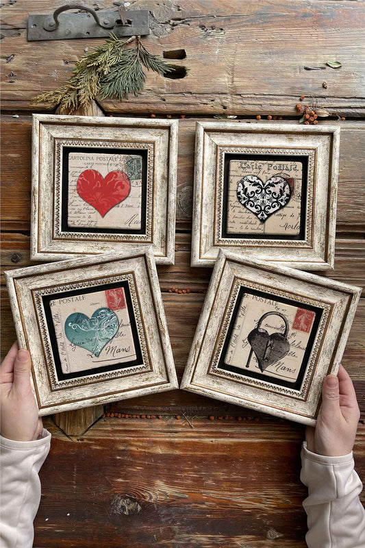 Framed Stone Painting Wall Decoration 8" x 8" Set of 4 Heart Heart Set