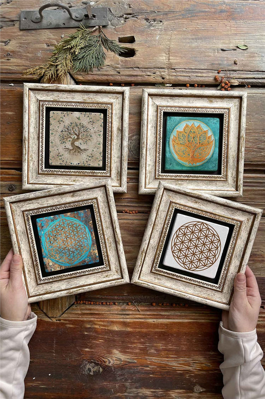 Framed Stone Painting Wall Decoration 8" x 8" Set of 4 Tree of Life Lotus Flower