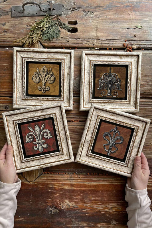 Framed Stone Painting Wall Decoration 8" x 8" Set of 4 Tile Marble