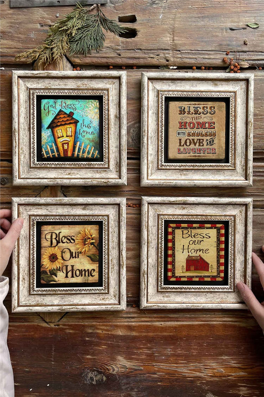 Framed Stone Painting Wall Decoration 8" x 8" Set of 4