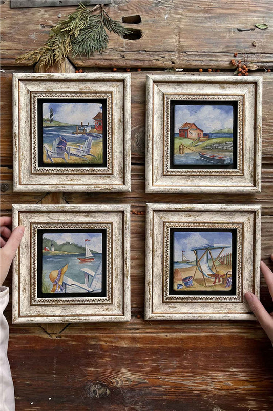 Framed Stone Painting Wall Decoration 8" x 8" Set of 4 Seaside Town Set