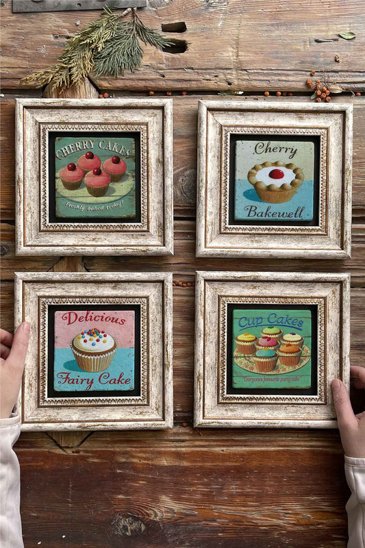 Framed Stone Painting Wall Decoration 8" x 8" Set of 4 Cherry Cakes Cup Cakes