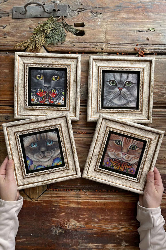 Framed Stone Painting Wall Decoration 8" x 8" Set of 4 Cat Set